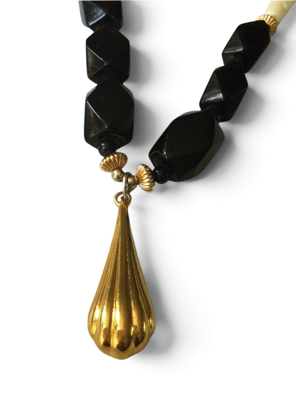 Vintage Carved Bone & Black Beaded Necklace with KJL Pendant - Picture 11 of 13